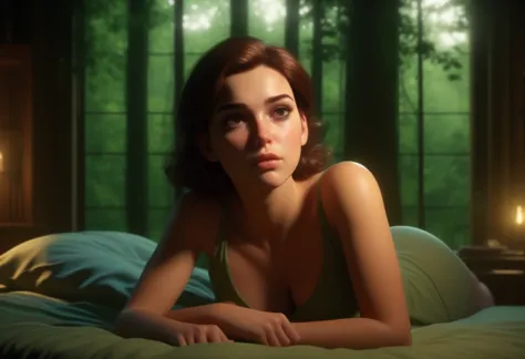 3D animation by Adam Hughes。Beautiful young woman with sleepy smoky eyes。 ,  
comfortable, Lying in a room with a view of the gr...