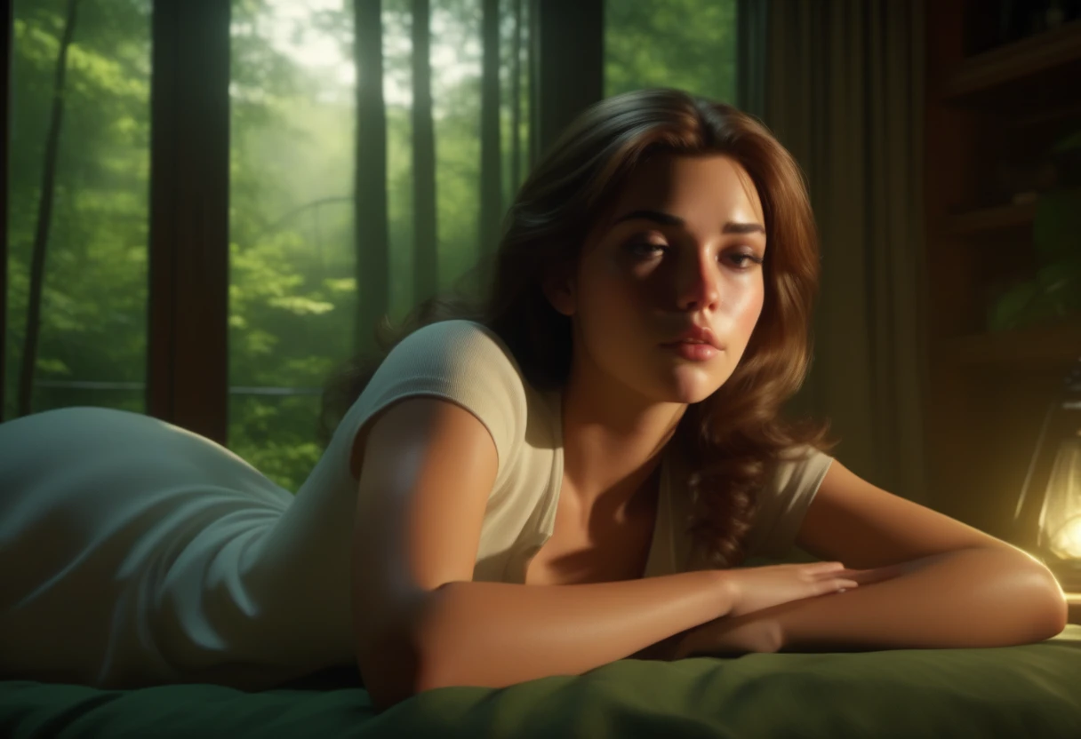 3D animation by Adam Hughes。Beautiful young woman with sleepy smoky eyes。 ,  
comfortable, Lying in a room with a view of the green forest , Dim Light, Rim Light, Dark Shadows, Dramatic lighting,