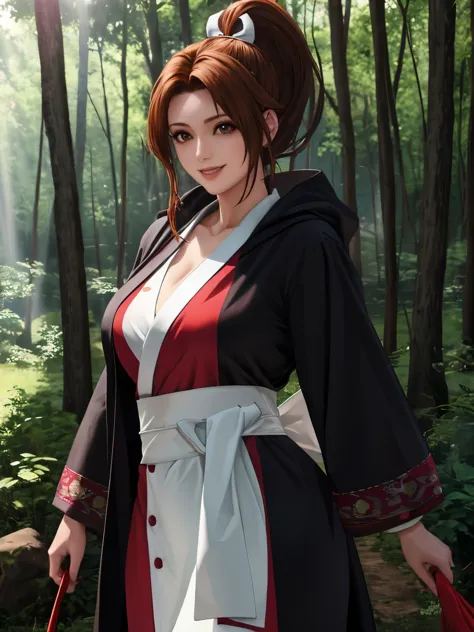 a girl in the forest, ponytail hair, wearing a robe, mai shiranui character, (1:4 quality, realistic), detailed face, beautiful ...