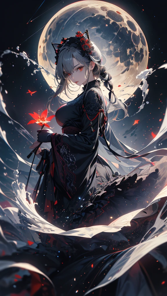 masterpiece, high quality, 4K, Beautiful design, silhouette，Gray Hair， 非常に詳細な夜のStarry Sky,Flower Field， wonderful, Finer details,  Very knowledgeable woman, Highly detailed solo, 1 female,Red eyes，Big Breasts，Gothic Lolita Fashion，Night view，Starry Sky，full moon，