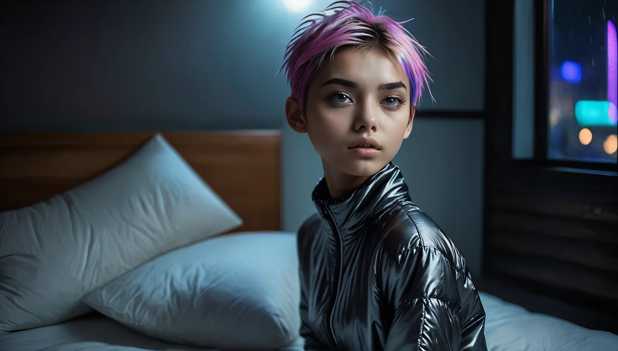 Top Quality, Masterpiece, High Resolution, 8k, full body shot, wide view, (((skinny girl in a puffer oversize puffer and wetlook leggings, wide neckline, deep neckline, beautiful detailed eyes, small closed mouth, extremely detailed face, long pixie asymmetrical hair style, small hips, at night, dim lighting, next to a bed, look behind, cyberpunk, tatoo, pastell))) 