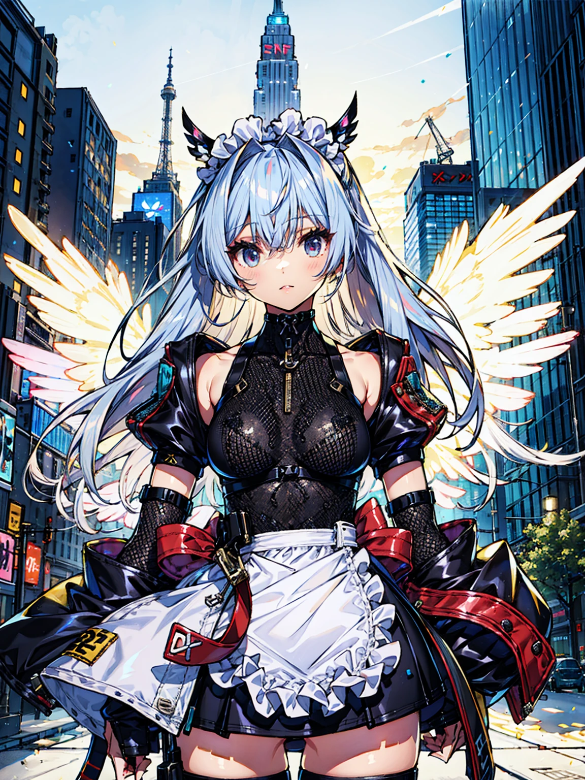 Masterpiece, verydetailedな, Highest quality, Sharp focus, 12k, ultra hi resolution picture, big ,12k,Perfect Anatomy, Highest quality, ((One Girl))、Silver Hair、Hair length、Floating Hair、、Cyber City、Neon Building、(Upper body:1.05)、very_detailed_eye_and_face,Cybernetic Wings、Random posture、Skyscraper、、Mechumusume、Miko costume,Maid clothes、Random Angle、Anime Style,Cowboy Shot