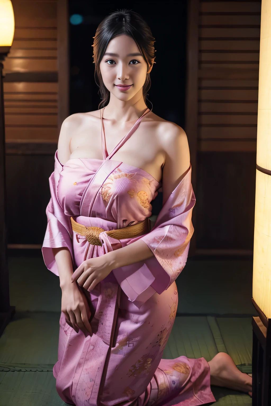 face is :9,41434626], Bewitching beautiful mature woman、30 years、stature　154cm、well-proportioned figure、The figure of the hourglass、Japan in a yukata、Yukata at Japan Ryokan, big breast、topless、clavicle、model in Japan、Japan sensual woman, Gorgeous Japan Woman, goddess of Japan, A smile, kneeling with all four on the ground、Raw photo, (in 8K、top-quality、​masterpiece:1.2)、(intricate detailes:1.4)、(Photorealsitic:1.4)、octane renderings、Complex 3D rendering ultra detail, studio lights, Rim Lights, vibrant detail, super detailing, realistic skin textures, Detail Face, Beautiful detail eyes, Very detailed CG Unity 16k wallpaper, make - up, (detailedbackground:1.2),　shinny skin、