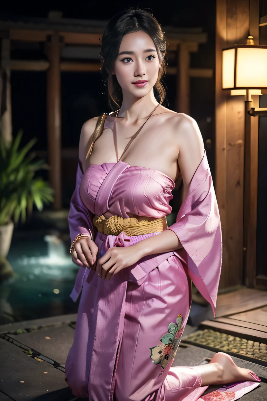 face is :9,41434626], Bewitching beautiful mature woman、30 years、stature　154cm、well-proportioned figure、The figure of the hourglass、Japan in a yukata、Yukata at Japan Ryokan, big breast、topless、clavicle、model in Japan、Japan sensual woman, Gorgeous Japan Woman, goddess of Japan, A smile, kneeling with all four on the ground、Raw photo, (in 8K、top-quality、​masterpiece:1.2)、(intricate detailes:1.4)、(Photorealsitic:1.4)、octane renderings、Complex 3D rendering ultra detail, studio lights, Rim Lights, vibrant detail, super detailing, realistic skin textures, Detail Face, Beautiful detail eyes, Very detailed CG Unity 16k wallpaper, make - up, (detailedbackground:1.2),　shinny skin、