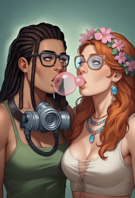 there are two women with dreadlocks blowing bubbles in a dark room, darius zawadzki and tom bagshaw, a biopunk teenage cyborg, p...