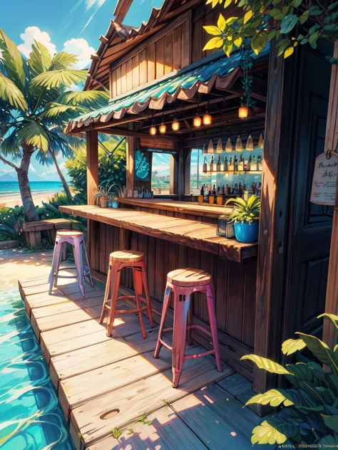 super wide perspective, outdoor bar, beach side, wooden interior, bar chairs, tropical leafy plants, menu board, sunlight fallin...