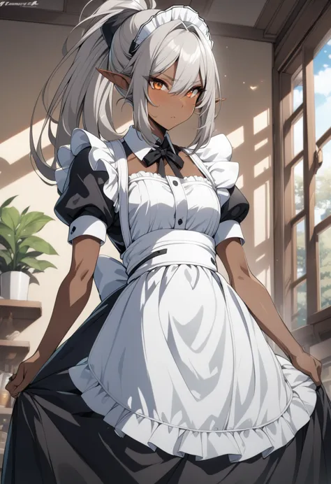 orange eyes,,((brown skin,dark elf,))grey hair,1lady,high ponytail, ,pointy ears,elf,,masterpiece, highres, solo, (maid:1.40), (...