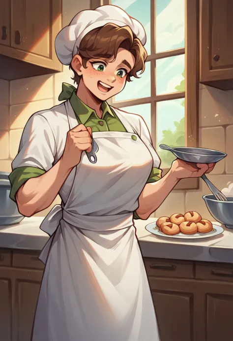 clearing! Here is the translation of the text I wrote above:

"A Stardew Valley-style baker. The chef is in a cozy bakery, weari...