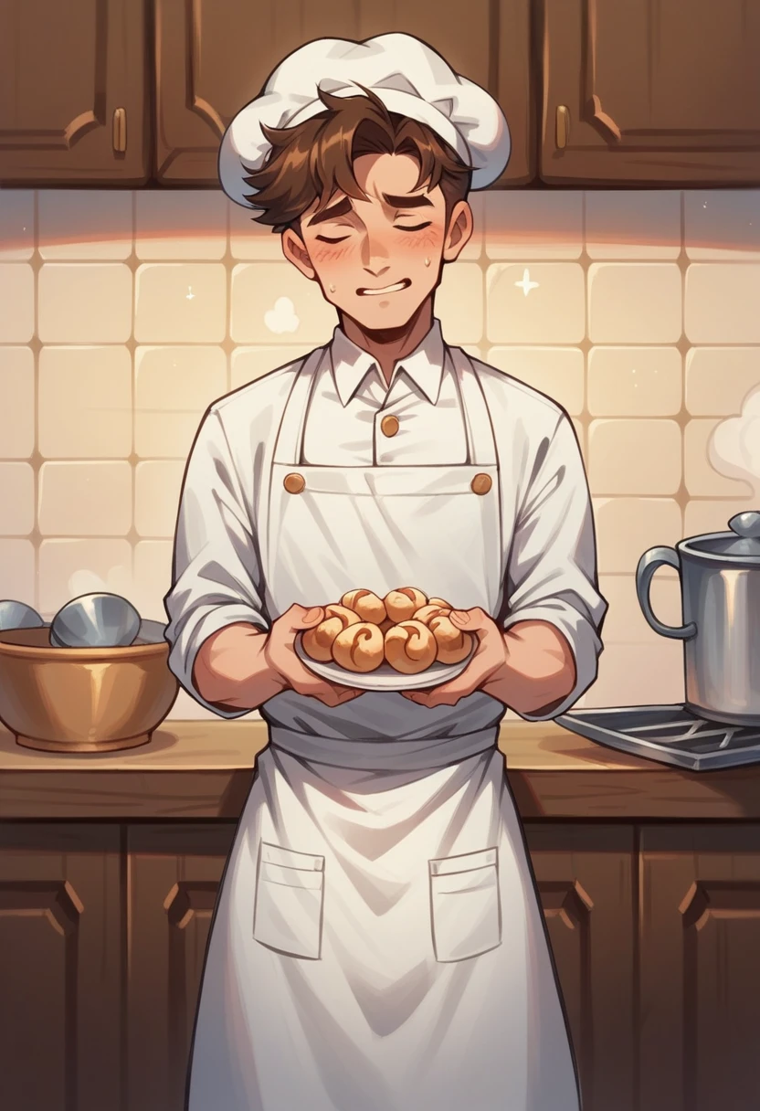 clearing! Here is the translation of the text I wrote above:

"A Stardew Valley-style baker. The chef is in a cozy bakery, wearing a white apron and a chef&#39;s hat. The bakery is full of colorful cakes, sweets and breads displayed on wooden shelves and a counter. The background shows a rustic and cozy interior with wooden walls, a large oven and a window letting in sunlight. The scene is vibrant and charming, with Stardew Valley&#39;s signature pixel art style."