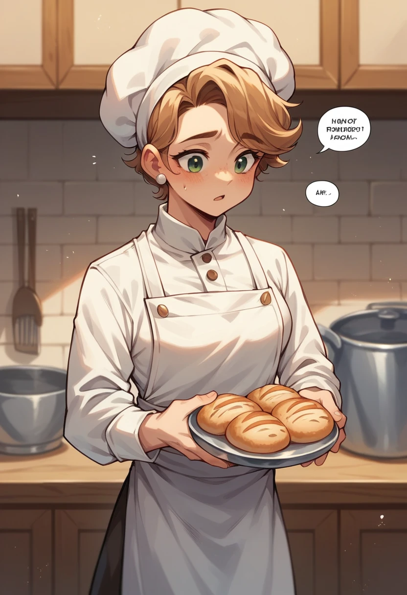 clearing! Here is the translation of the text I wrote above:

"A Stardew Valley-style baker. The chef is in a cozy bakery, wearing a white apron and a chef&#39;s hat. The bakery is full of colorful cakes, sweets and breads displayed on wooden shelves and a counter. The background shows a rustic and cozy interior with wooden walls, a large oven and a window letting in sunlight. The scene is vibrant and charming, with Stardew Valley&#39;s signature pixel art style."