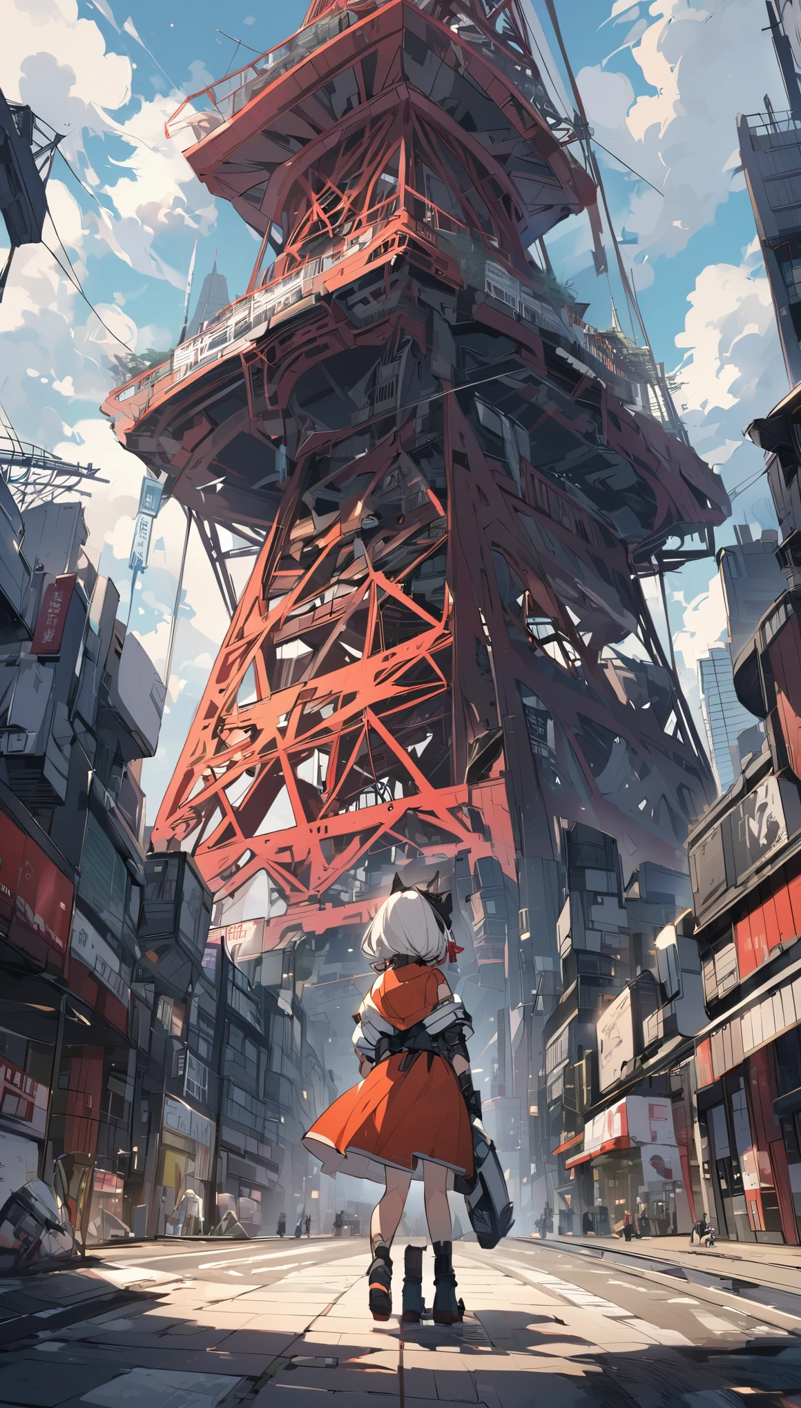 Tokyo Tower 1000 years after the extinction of humanity, with a girl looking at it