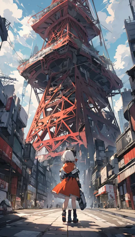 tokyo tower 1000 years after the extinction of humanity, with a girl looking at it