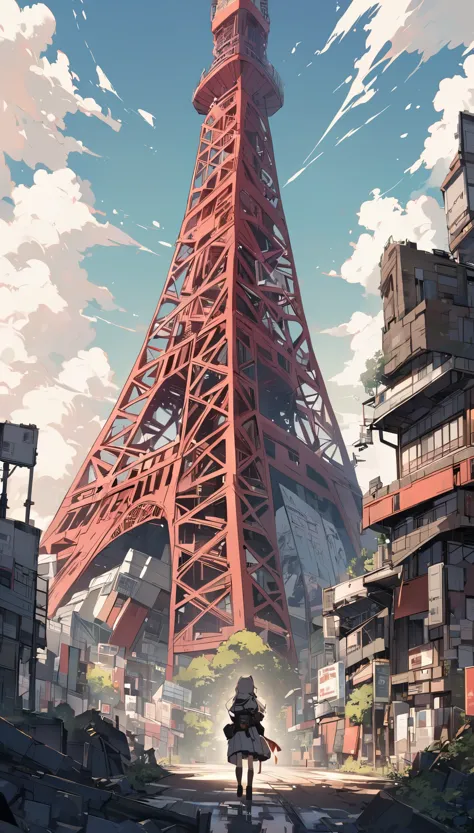 Tokyo Tower 1000 years after the extinction of humanity, with a girl looking at it
