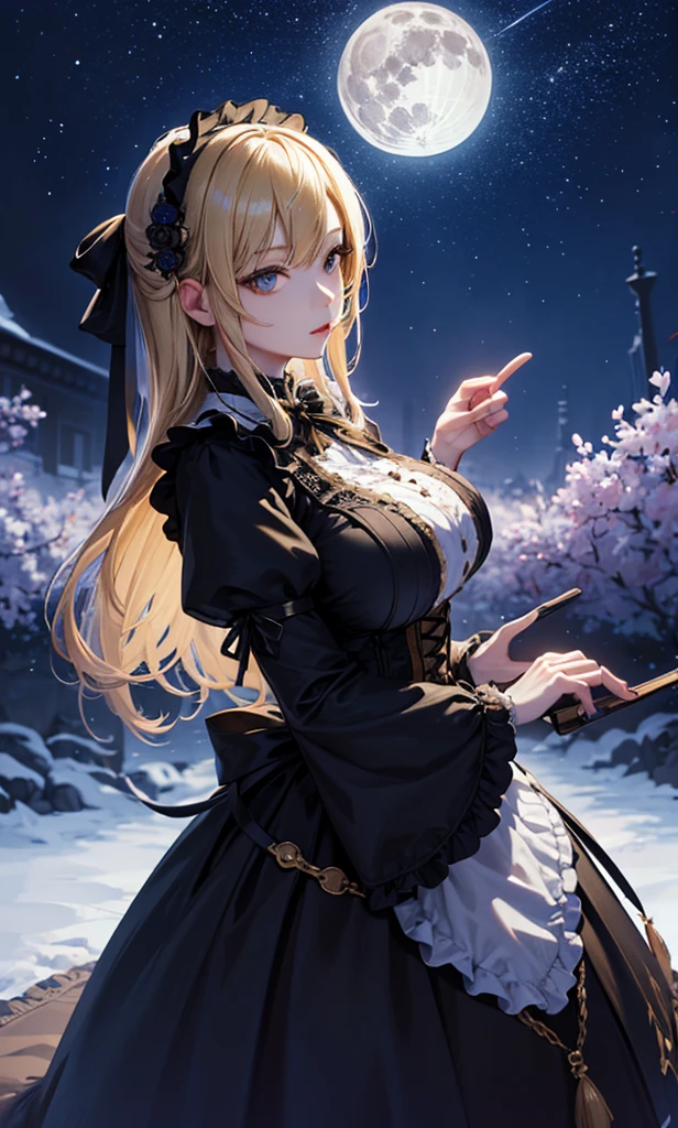 masterpiece, high quality, 4K, Beautiful design, silhouette，blonde， 非常に詳細な夜のStarry Sky,Flower Field， wonderful, Finer details,  Very knowledgeable woman, Highly detailed solo, 1 female,Big Breasts，Gothic Lolita Fashion，Night view，Starry Sky，full moon，