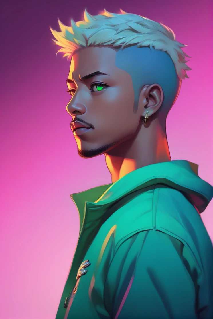 Anime-style 2.5D portrait with a pastel oil painting effect Boruto + Michael B. Jordan forte, cinematic vibrant neon lighting, close-up on a character with detailed shaven head backdrops, piercingly detailed Green big eyes with bright pupils, portrayed in a dynamic pose, full-body with a sultry aesthetic, viewed from a dynamic profile angle gazing at the viewer, wearing a detailed Lacoste T-shirt with a rocker man personification, wearing