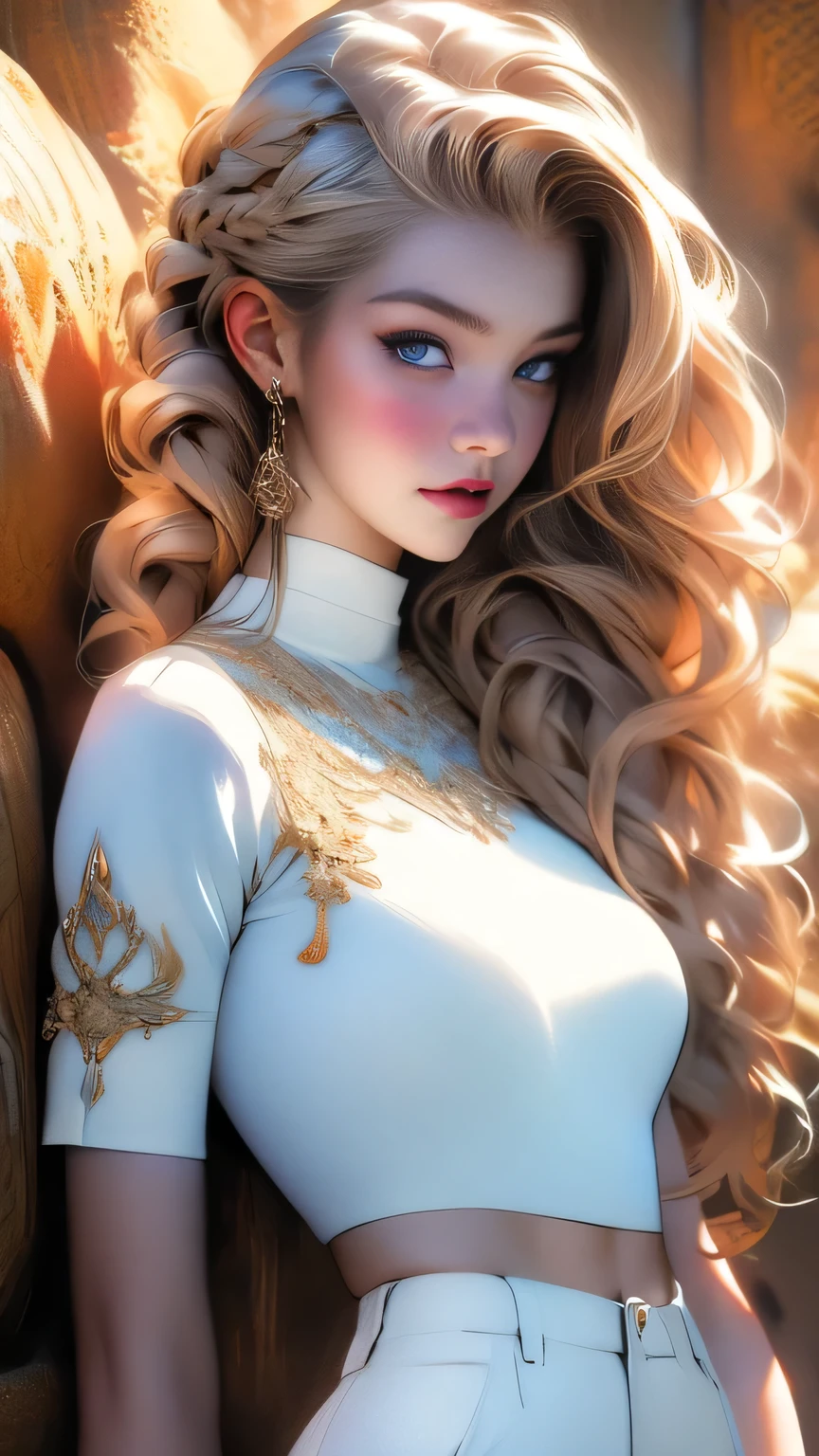 (Surreal), (picture), (High resolution), (In 8K), (Very detailed), (Best Illustration Photos), (Beautiful and fine details), (Highest quality), (Ultra-detailed), (masterpiece), (wallpaper), (Detailed face), solo, One Girl, White Wavy Hair, Korean Beauty, iridescent heterochromatic eyes, Loose light white shirt, White maid outfit, Long legs, Toned Abs, Camel Toe, stockings、((Curly hair in braids、good１))、