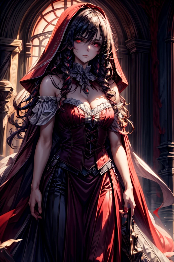 (Highest quality,4K,High resolution,masterpiece:1.2),Super detailed,Realistic:1.37,Portraiture,Dark fantasy,Red color scheme,Soft lighting,Emotional,Enchanted Forest,Ominous atmosphere,Eye-catching,Storytelling,anatomy,Anime Style,Concept Art,Beautiful detailed face and (((Red eyes ))),Flowing Hair,emotional expression,Jewelry made with attention to detail,A cape with an intricate pattern,Strong gaze,Cape with feather detailing,Subtle Shadows,Dynamic pose,A magnificent composition,Mysterious Background,Natural elements,Moonlit Night,wood々The wind blowing between,Eerie presence,Revealing character strengths and weaknesses,A striking contrast between the red cape and its surroundings,Fascinating story,Rich texture,Depth and Dimension,Highlight the charm and resilience of your characters. (((Little Red Riding Hood))), (Blood splatter:1.3)