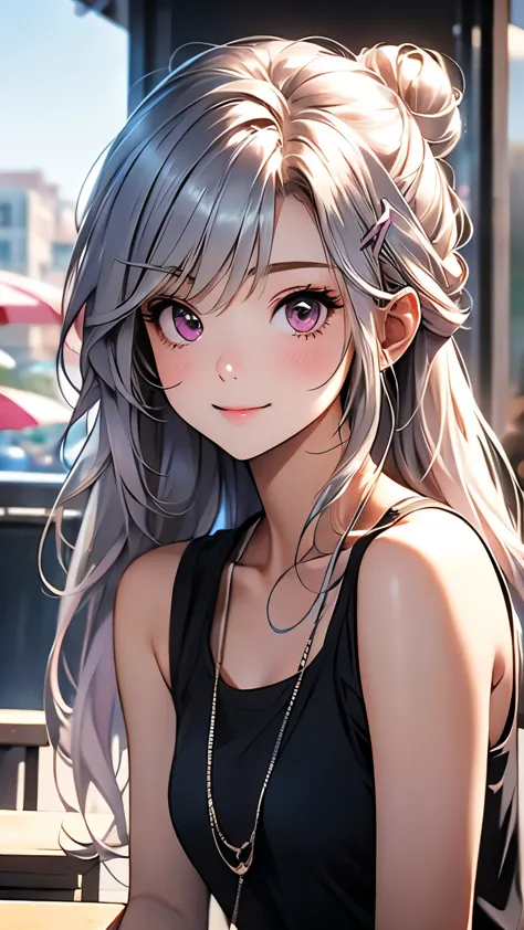 １girl、ultra long silver hair tied in a bun with a hair clip, Pink Eyes、smile、really like、Pink tank top、hot pants、Upper body clos...