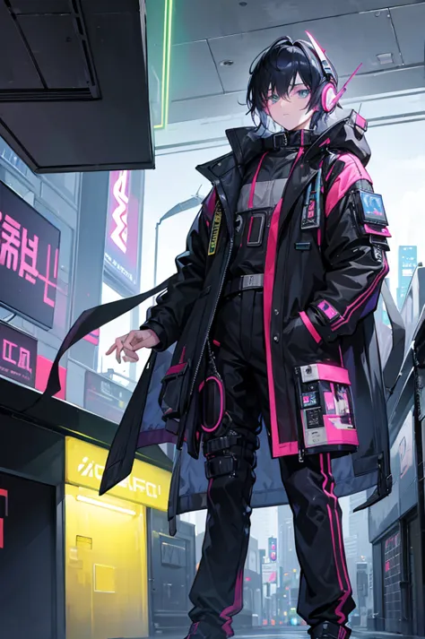 masterpiece,One boy,,(Character Focus),Functional Coat,Neon Town,cyber punk