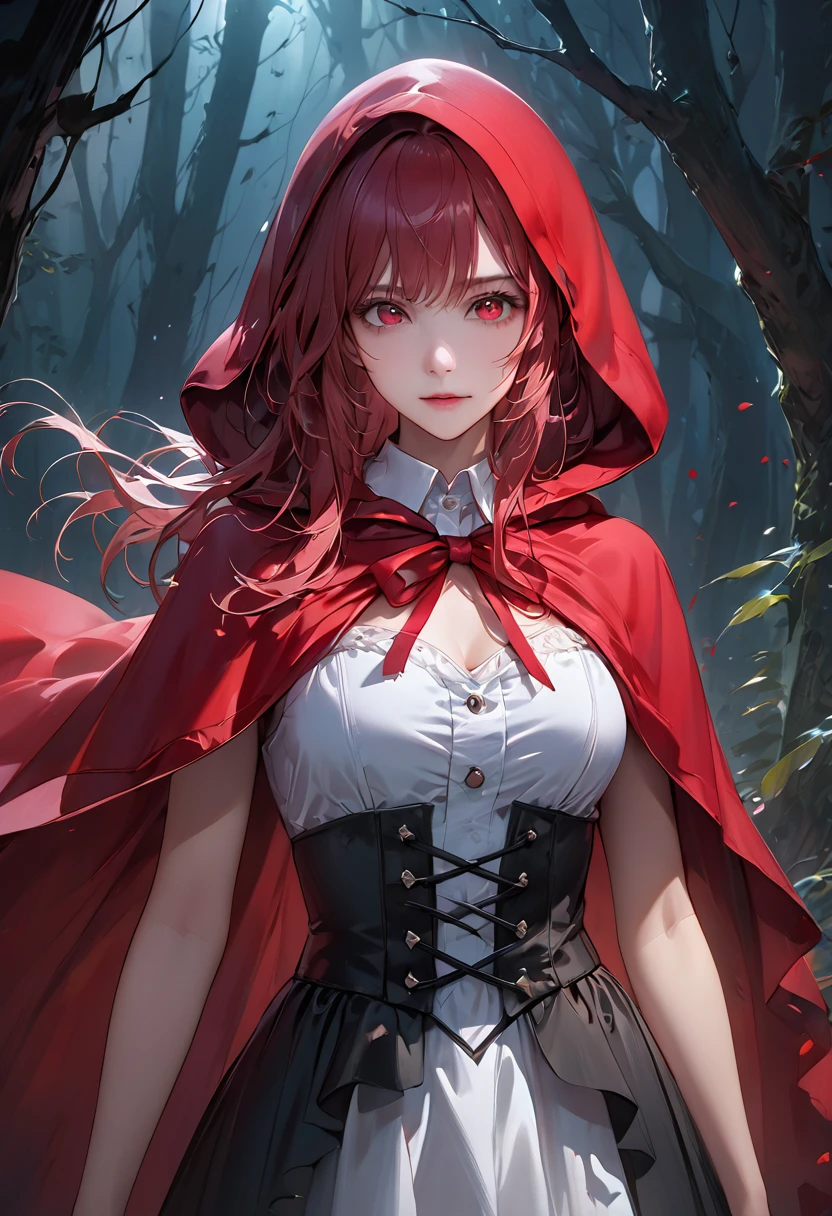 (Highest quality,4K,High resolution,masterpiece:1.2),Super detailed,Realistic:1.37,Portraiture,Dark fantasy,Red color scheme,Soft lighting,Emotional,Enchanted Forest,Ominous atmosphere,Eye-catching,Storytelling,anatomy,Anime Style,Concept Art,Beautiful detailed face and (((Red eyes ))),Flowing Hair,emotional expression,Jewelry made with attention to detail,A cape with an intricate pattern,Strong gaze,Cape with feather detailing,Subtle Shadows,Dynamic pose,A magnificent composition,Mysterious Background,Natural elements,Moonlit Night,wood々The wind blowing between,Eerie presence,Revealing character strengths and weaknesses,A striking contrast between the red cape and its surroundings,Fascinating story,Rich texture,Depth and Dimension,Highlight the charm and resilience of your characters. (((Little Red Riding Hood))), (Blood splatter:1.3)