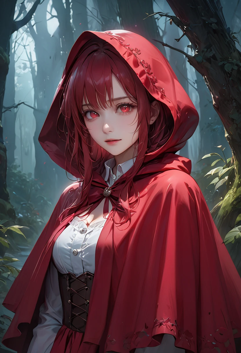 (Highest quality,4K,High resolution,masterpiece:1.2),Super detailed,Realistic:1.37,Portraiture,Dark fantasy,Red color scheme,Soft lighting,Emotional,Enchanted Forest,Ominous atmosphere,Eye-catching,Storytelling,anatomy,Anime Style,Concept Art,Beautiful detailed face and (((Red eyes ))),Flowing Hair,emotional expression,Jewelry made with attention to detail,A cape with an intricate pattern,Strong gaze,Cape with feather detailing,Subtle Shadows,Dynamic pose,A magnificent composition,Mysterious Background,Natural elements,Moonlit Night,wood々The wind blowing between,Eerie presence,Revealing character strengths and weaknesses,A striking contrast between the red cape and its surroundings,Fascinating story,Rich texture,Depth and Dimension,Highlight the charm and resilience of your characters. (((Little Red Riding Hood))), (Blood splatter:1.3)