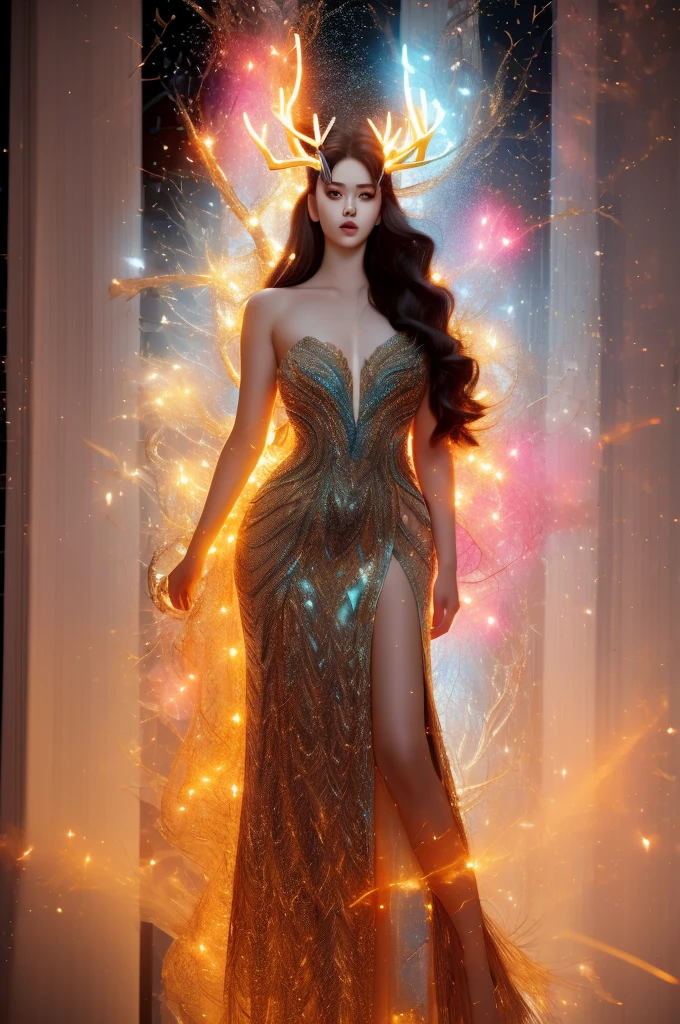 masterpiece,best quality,1girl,((full_body)),fantasy art,with huge glowing antlers on his head,a bright evening gown in a sparkling star-light,delicate creature armor,dopamine color,solo,long hair,a slender figure,looking at viewer,lips,bare shoulders,explosion effects,self-luminous,
masterpiece,best quality,1girl,full_body,solo,long hair,black hair,lips,bare shoulders,parted lips,explosion effects,self-luminous,iridescence:1.2,jewelry,long hair,