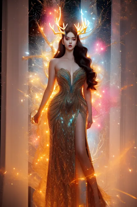 masterpiece,best quality,1girl,((full_body)),fantasy art,with huge glowing antlers on his head,a bright evening gown in a sparkl...