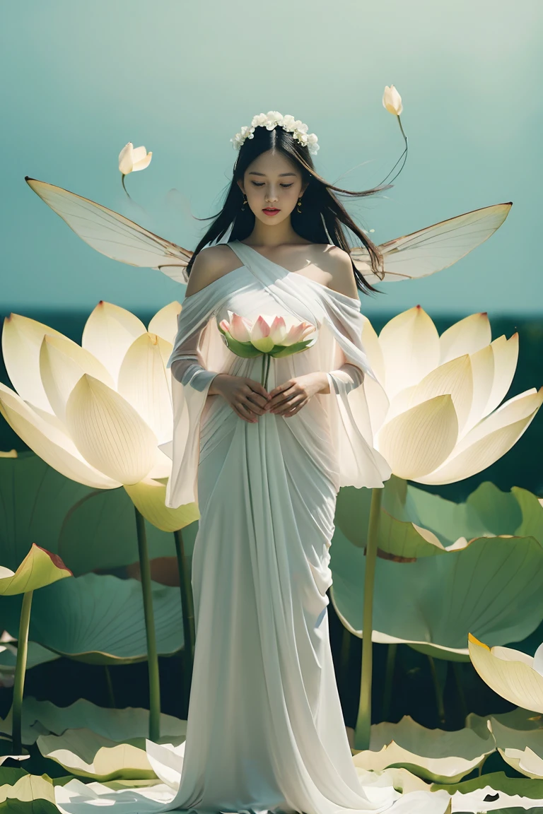 light pink and light white shades,Full body female love,  White background, natural lighting, Light effect, minimalist, elegant, pure tenderness, soft light lighting, realistically. a woman is (clavicle, bshoulder,) placed in a (pray and stand) super giant lotus，The petals are big and long (The petals are thin, soft gauze, Full background of flowing petals, floating petals, super flying petals, Mixed effect of smoke and petals), lotus dress,((perspective)).lotus_leaf_fairy，anatomically correct，((Best quality)), ((Masterpiece)), ((Realistic))