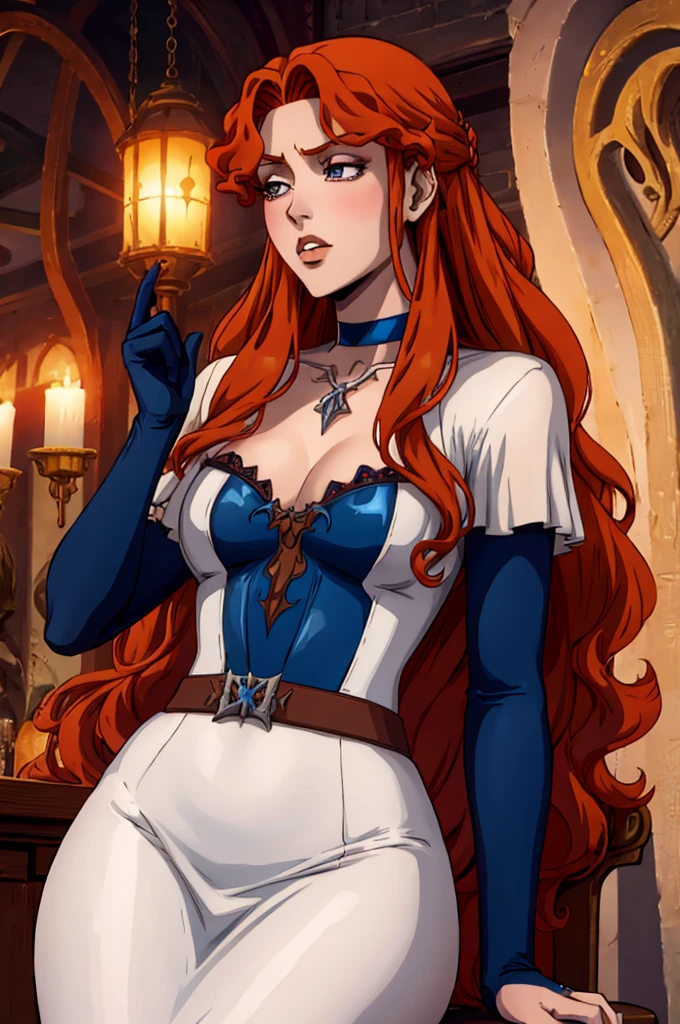 Lenore - Castlevania, sexy vampire girl with orange hair, nude, blue stockings, blue choker, girl holding a cake with "100" written on it