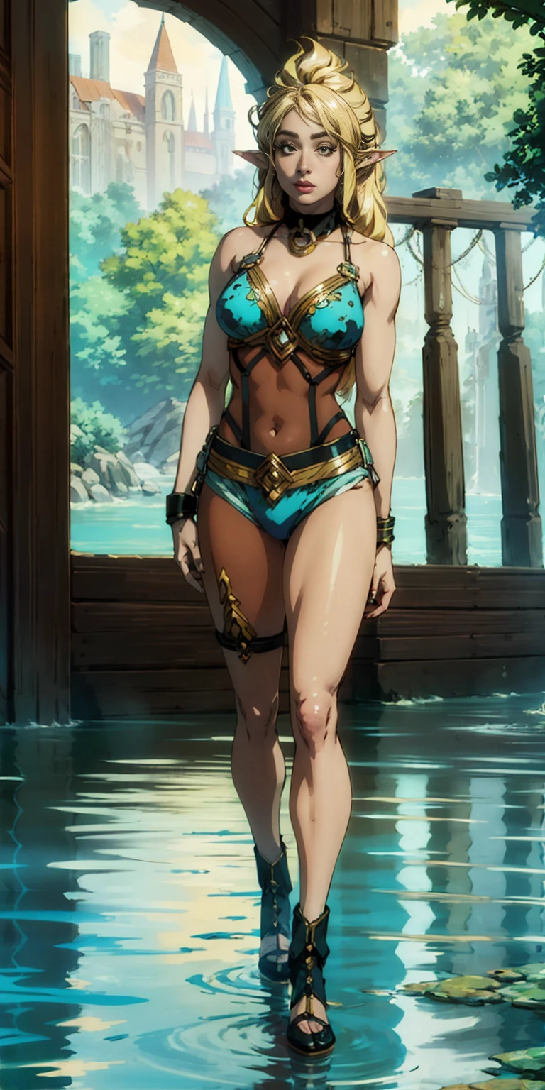 Extremely detailed Artgerm style: This sets the overall artistic style with a high level of detail. Fantasy art: This specifies the genre. Goddess of the green forest: This defines the character's role and gives context to the setting. Woman with long, elf ears: This incorporates the elf features. Black skin: This specifies the character's race. Ornate bikini armor: This combines the skimpy clothing with a fantastical, protective element. Blue high heels standing straight symmetrical: This suggests the color of the bikini and potentially the water body. Long, messy blonde hair: This adds a detail that contrasts the Artgerm style, which is typically more polished for hair.