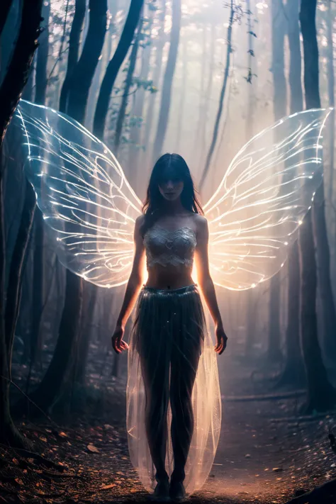 A girl, solo, glowing eyes, pretty face, angel wings, fairy skirt, veil, full body photo, looking at the viewer, photography sty...