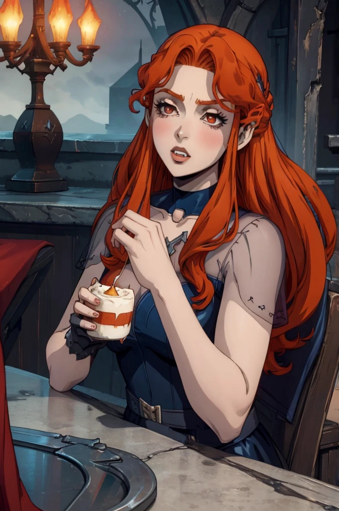 Lenore - Castlevania, sexy vampire girl with orange hair, nude, blue stockings, blue choker, girl holding a cake with "100" written on it