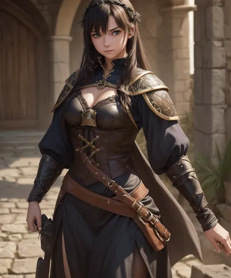 (((Single character image.))) (((1girl))) (((Dressed in medieval fantasy attire.))) (((Solo))) (((Generate a darkly sexy female ...