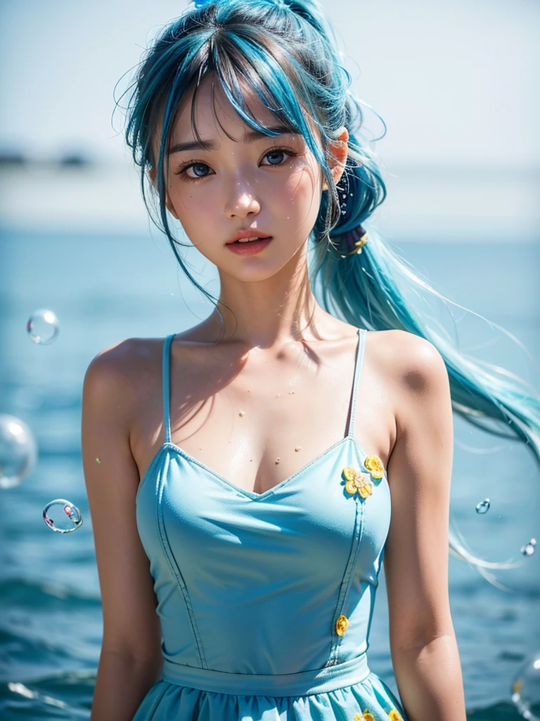 a beautiful detailed girl in a simple background, 1girl, standing, fashion model, looking at viewer, interview, detailed eyes, beautiful detailed face and features, floating, high saturation, colorful water splash, colorful bubbles, shiny, focused on face, ponytail, kamisato ayaka, light blue hair, bangs, hair ornaments, floating flowers, floating strands, shining, best lighting, best shadows, (best quality,4k,8k,highres,masterpiece:1.2),ultra-detailed,(realistic,photorealistic,photo-realistic:1.37)