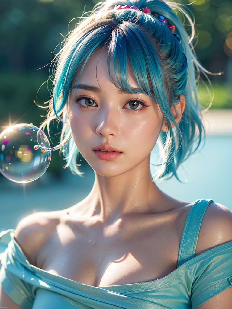 a beautiful detailed girl in a simple background, 1girl, standing, fashion model, looking at viewer, interview, detailed eyes, beautiful detailed face and features, floating, high saturation, colorful water splash, colorful bubbles, shiny, focused on face, ponytail, kamisato ayaka, light blue hair, bangs, hair ornaments, floating flowers, floating strands, shining, best lighting, best shadows, (best quality,4k,8k,highres,masterpiece:1.2),ultra-detailed,(realistic,photorealistic,photo-realistic:1.37)