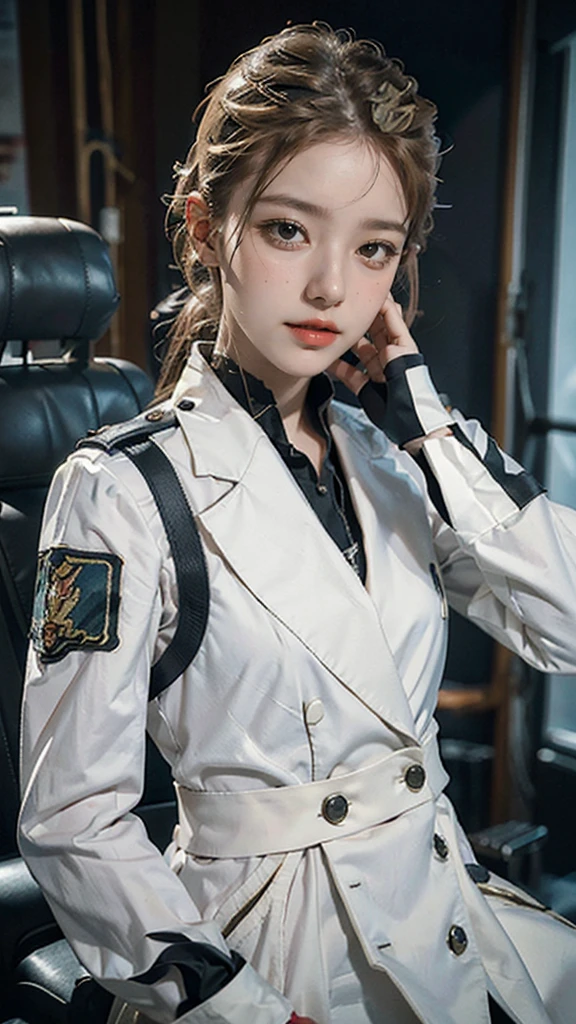 Movie Cover Image,Like a Real Person,Polite Dress,War War Fighter Action Cover Image),(Movie Reference Foundation : 1.8 ),Realistic,White Air Force General Uniform,(Realistic Face Resolution),Cinematic Poses,Adult,Skinny,Small,1 Woman with Dark Blonde Hair,Serious Face,Science Fiction,Sci-Fi,Different Characters