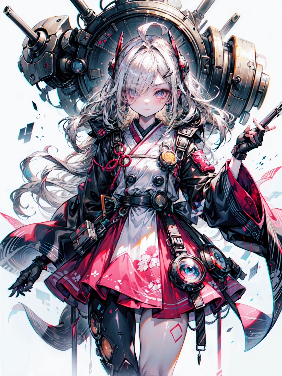 Cute Gal, dark, Japanese maid uniform with futuristic silhouette of a cyborg, Holding a samurai sword, whole body, Innocent Depression, Standing on a reflective surface against a minimalist light grey background、Cowboy Shot、Blake、非常にdetailed (Dark Elf), (1 Girl), alone, Perfect Face, detailed, Ahoge, ((Long Hair:1.2)), (Hair above one eye:1.3), [[Messy Hair]], Shiny blonde white hair, Purple eyes, Variegated eyes, Colorful Hair, Shining Eyes, Bright Eyes, Face imprint, (eyelash, eye shadow, pink eye shadow), smile, Design Art：haruhiko mikimoto, by Kawashi, By Yoshitaka Amano