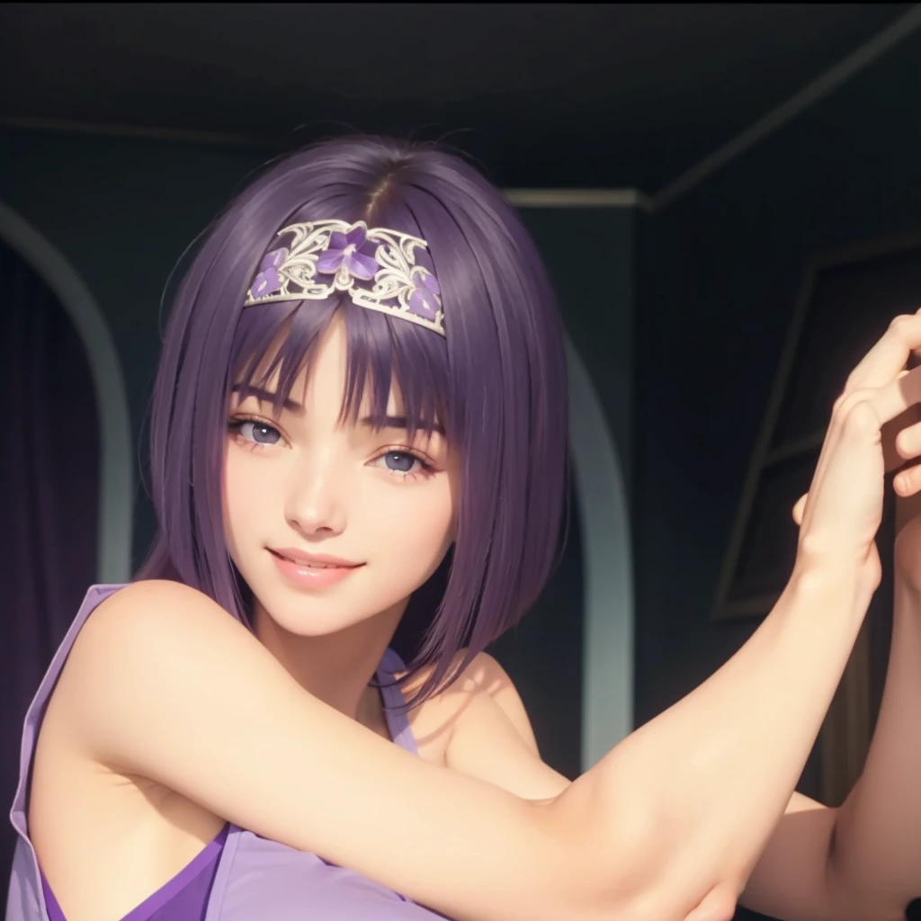 A beautiful girl, high quality, real details, color details, face details, eyes details, intricate details, smile face, smooth glowing skin, 3D image, medium contrast, cinematic lighting, realistic, masterpiece, 8K, thin face, front bangs hair, long hair with purple color, purple eyes, smiling , pink mouth, a girl with a purple sleeveless shirt, large breast size, 1 arm, 5 fingers, smooth armpit