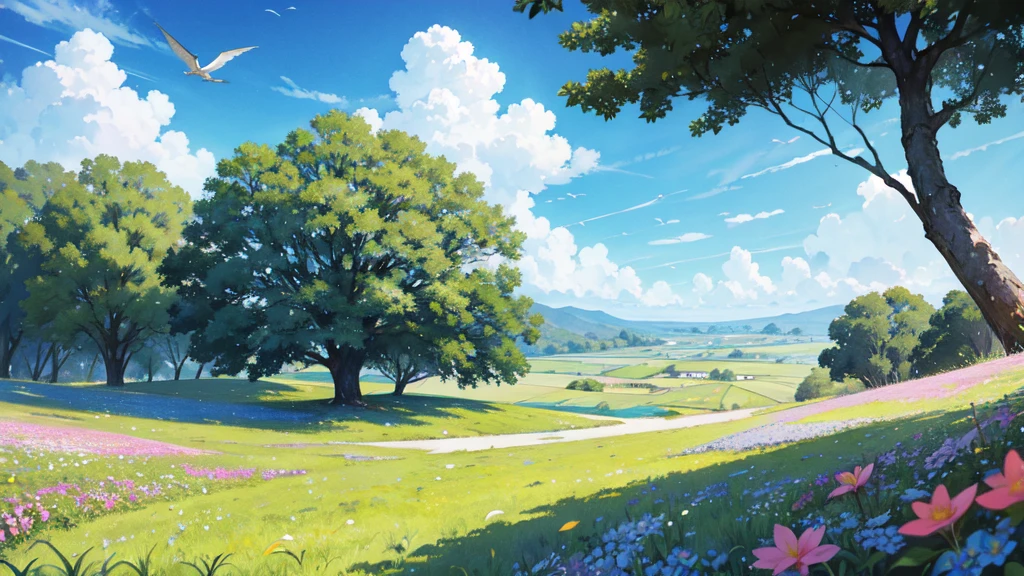 Refreshing grasslands, plateaus, trees swaying in the wind, refreshing blue skies, background only, flying dragons, beautiful flowers here and there, Nostalgic