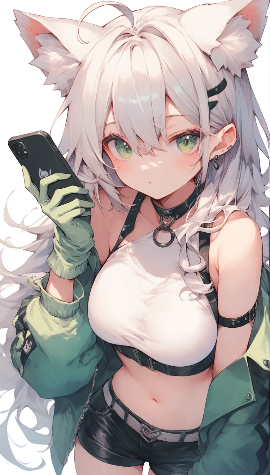 score_9,score_8,score_7,score_8_up,score_7_up、a cartoon style female character holding a phone with an iphone attached, 1girl, solo, animal ears, green eyes, navel, long hair, white hair, breasts, gloves, green gloves, ahoge, looking at viewer, bare shoulders, animal ear fluff, jacket, white background, skindentation, off shoulder, shorts, black shorts, medium breasts, hand up, green jacket