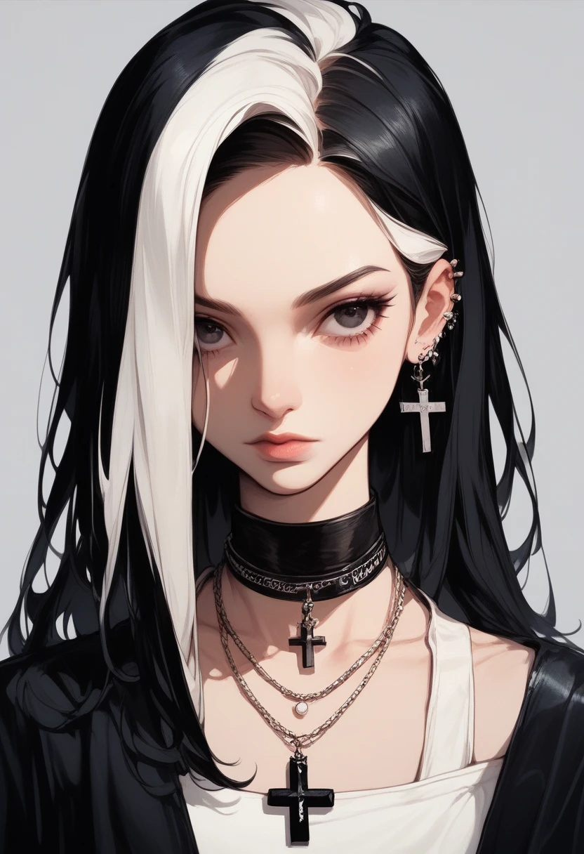 Fraction_9, Fraction_8_Direction_7_up, Goth girl, Goth girl 1girl 1girl,Solitary,Long hair,Looking at the audience,Simple background,Black Hair,Jewelry,White hair,Colorful hair,Necklace,black eyes,Gray background,necklace,Hair covering one eye,Two-tone hair,cross,portrait,,  