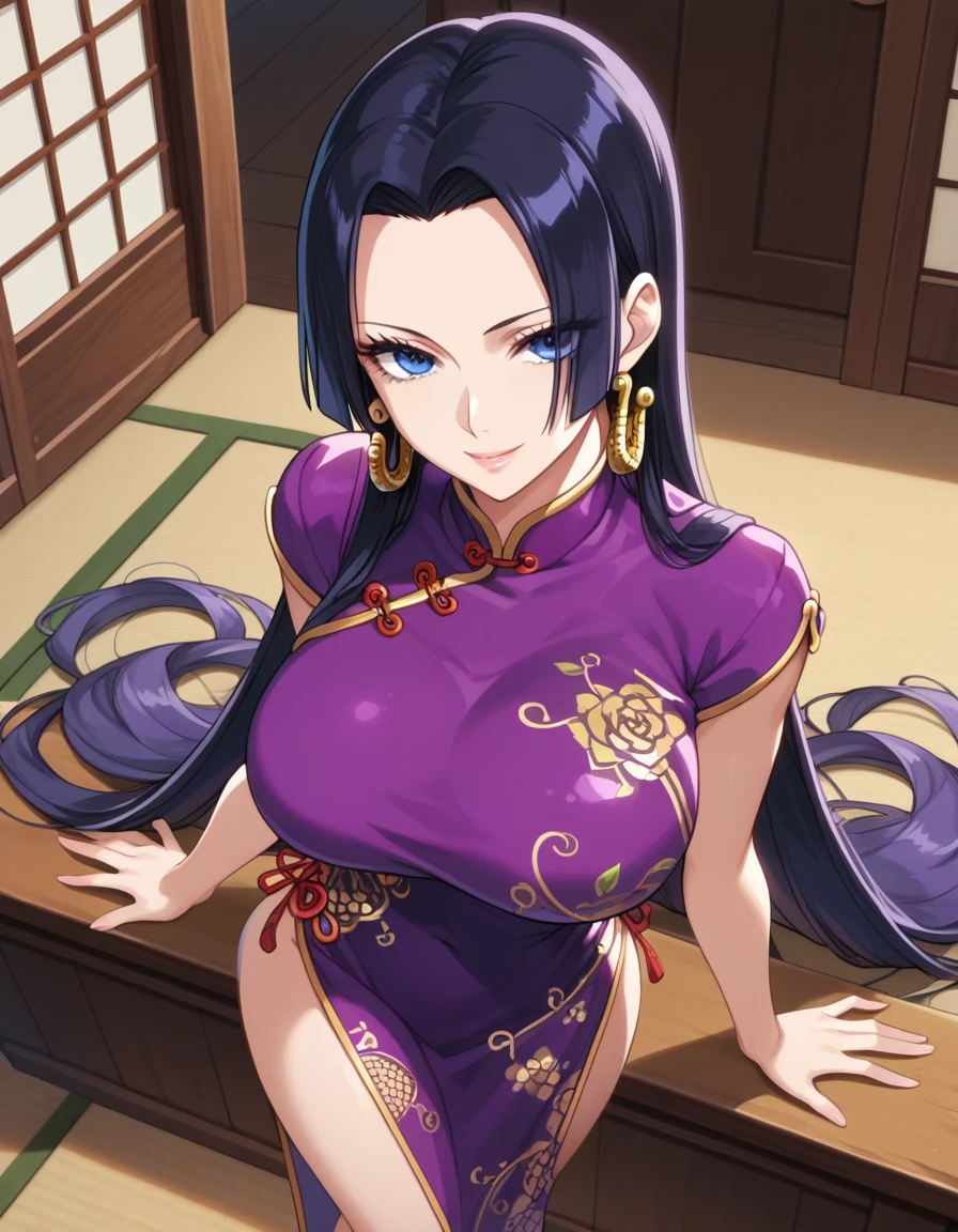 score_8_up, score_7_up, source_anime, best quality, clear face, Boa Hancock, black hair, blue eyes, long hair, forehead, large breasts, standing, looking at viewer, china dress, purple clothes, indoor, from above, smile, anime screencap