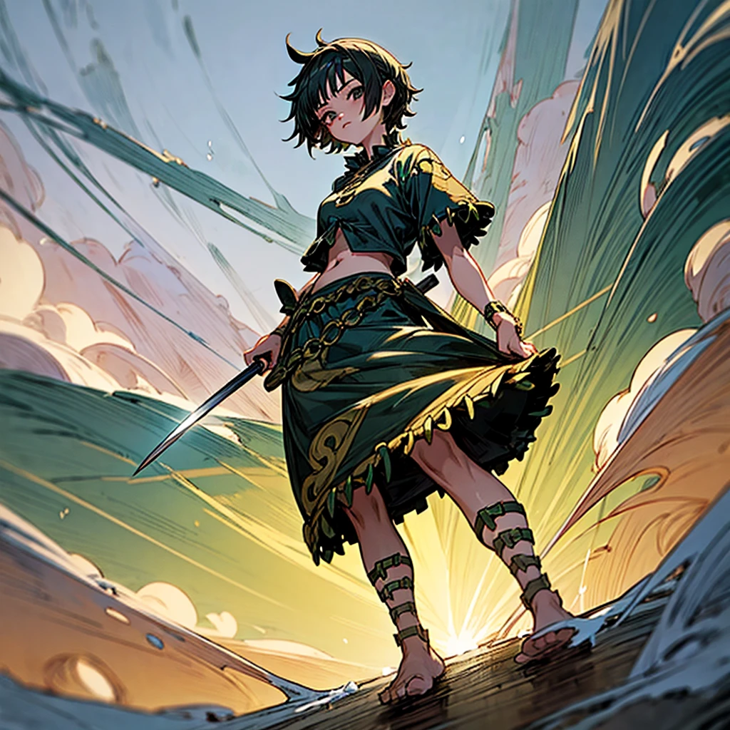 1girl, Full body version, 1character, girl version, black eyes color, short haircut, black colour hair, Ancient Roman style clothing, long skirt, Grassroots, background in snow town, motion blur, (one piece style art), snow, knife in hand, high angle view 