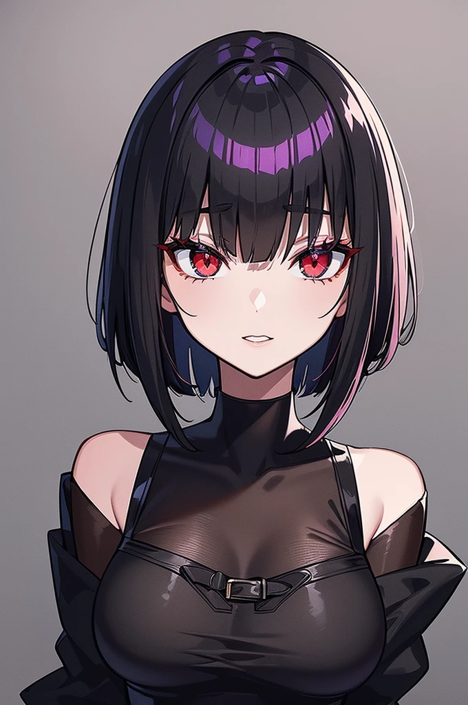 a beautiful girl with violet hair wearing a black dress, extremely detailed facial features, bob haircut, woman wearing a long black and red coat, solo character, white background, anime style, very detailed, photorealistic, 8k, best quality, masterpiece, red eyes, short hair