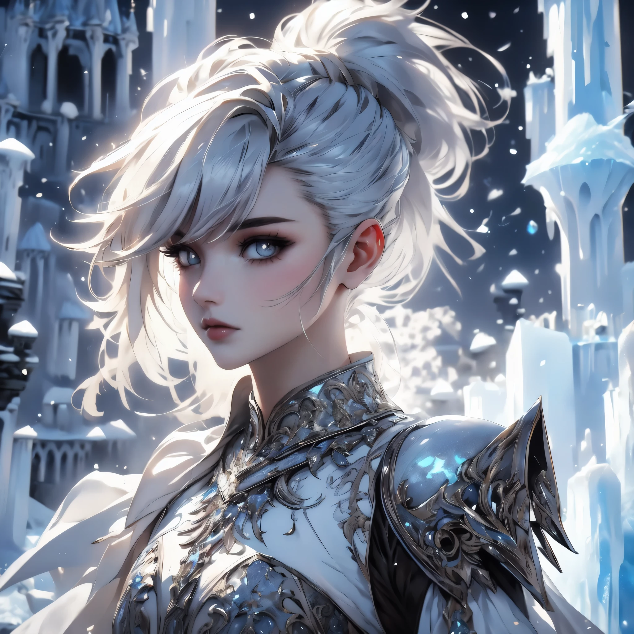 ((high quality:1.2, masterpiece:1.2)), 1girl, beautiful face, white hair, grey eyes, dynamic pose, (death knight, fantasy), (face shot, upper body), fantasy, (noon, ice castle background:1.2), majestic clouds, absurdres, high details, detailed and intricate, best lighting, sharp focus, realistic lighting