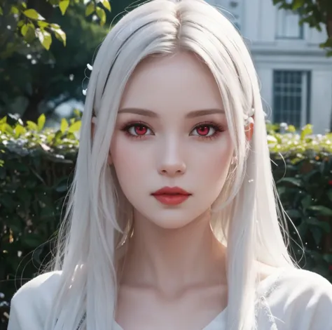 Realistic 3d. Snow white skin. Cherry red color eyes.