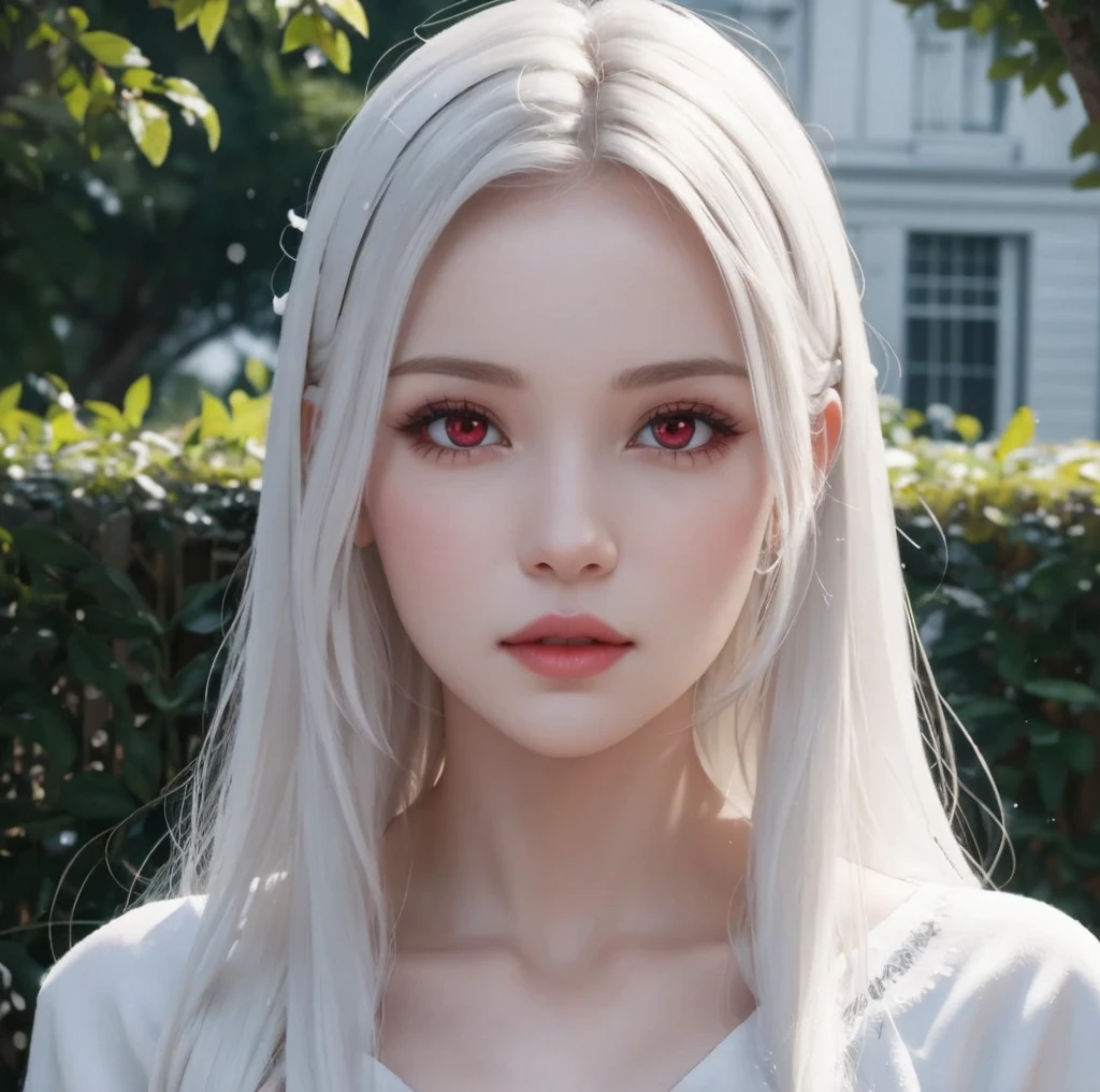 Realistic 3d. Snow white skin. Cherry red color eyes.