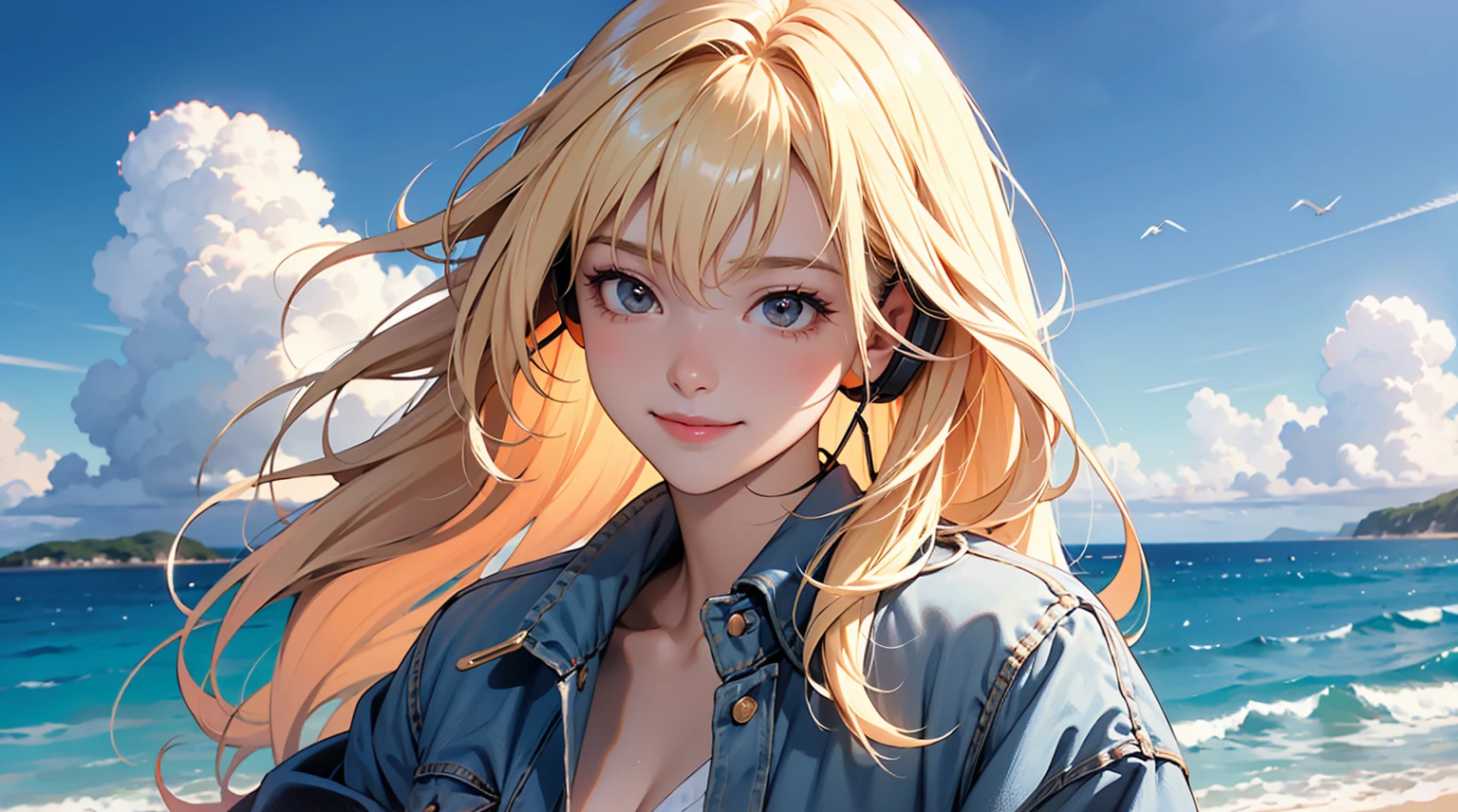 masterpiece、high resolution 8k、NSFW、sharp focus、contrast lighting、fine skin、muste piece、 highest quality、Ultra - High resolution、Super high resolution、Highly detailed CG、1girl,standing,a beach,sea,The sky is clear and blue,a few scattered clouds,sunny day,seagull, a red bikini top,blue denim jacket shorts,long blonde hair hair,smiling,headphone,
