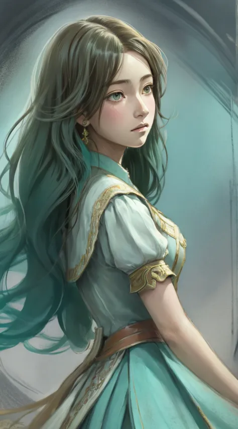 a detailed digital painting of an elementary school girl with long, flowing turquoise hair gazing off to the side with a pensive...