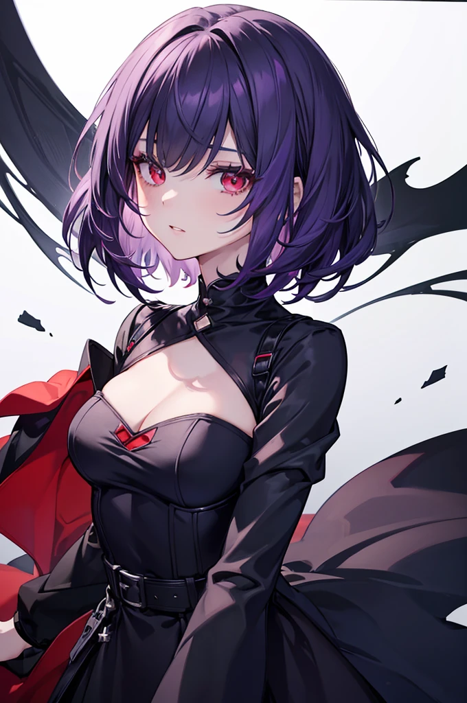 a beautiful girl with violet hair wearing a black dress, extremely detailed facial features, bob haircut, woman wearing a long black and red coat, solo character, white background, anime style, very detailed, photorealistic, 8k, best quality, masterpiece, red eyes, short hair